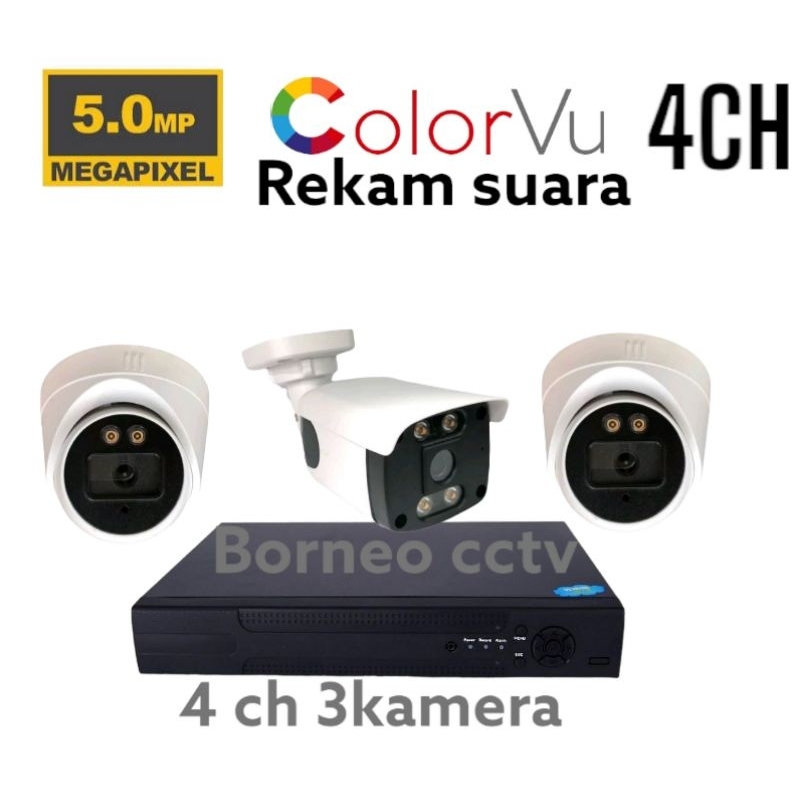 PAKET CCTV 5MP COLORVU 4 CHANNEL 3 KAMERA AUDIO 1080P SIANG MALAM WARNA