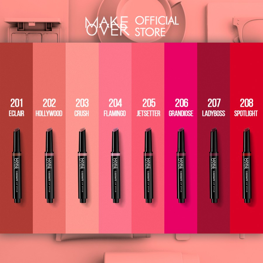 MAKE OVER Cliquematte Lip Stylo Indonesia / Lipstick Matte 2g / Non Drying Formula Airlight Smooth Matte Finish / Natural Buildable Intensity Non Sticky Easy Precise To Aply / 201 202 203 204 205 206 207 208 209 210 / Cosmetic Makeup Lips Make Up Series