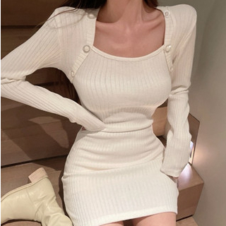 【Elegant】Long Sleeve Square Neck Plain Ribbed Mini Knit Dress 2142