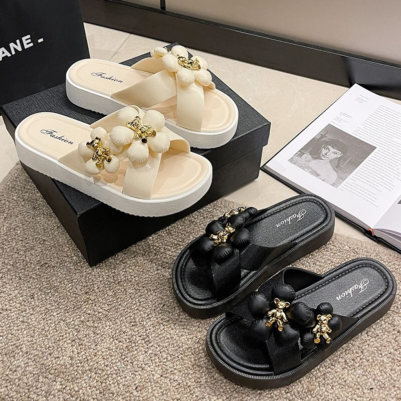 GROSIRTAS TG1282 Sandal Wedges Wanita Import Motif Bunga Bear Fashion