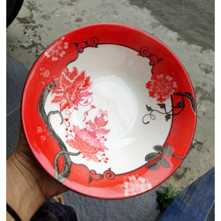 Mangkok Keramik 7" Bulat Kembang Jepun Red Whiteline / Harga Untuk 6 Pcs / Mangkok Cantik / Mangkok 