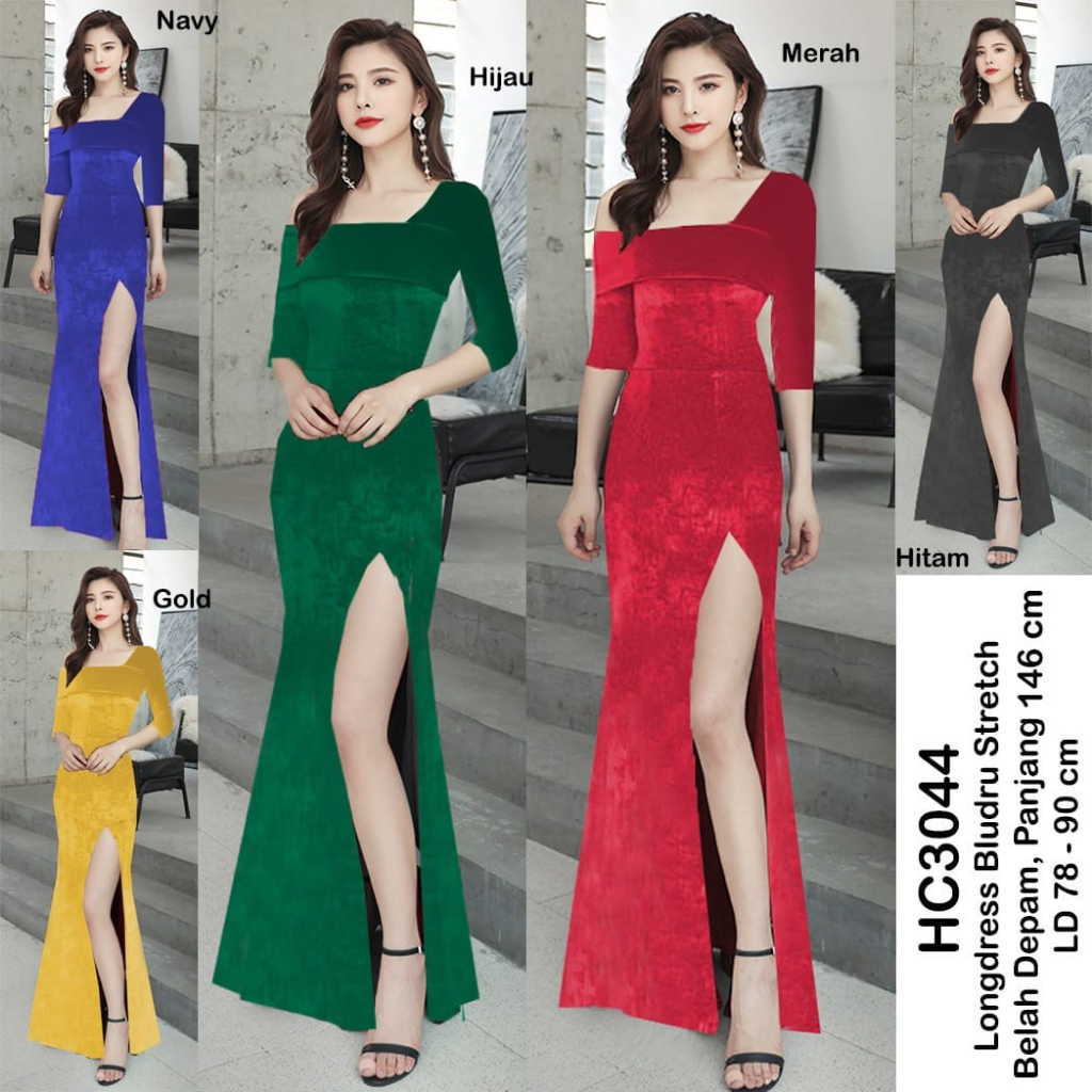 HC3044 Longdress Bludru Belah Depan + Cup Bra Stretch / Gaun Panjang Seksi / Longdress Sexy / Long Dress Polos / Longdress One Shoulder / Dress Panjang / Long Dress Beludru / Longdress Bludru / Longdres Velvet / Longdress Bludru