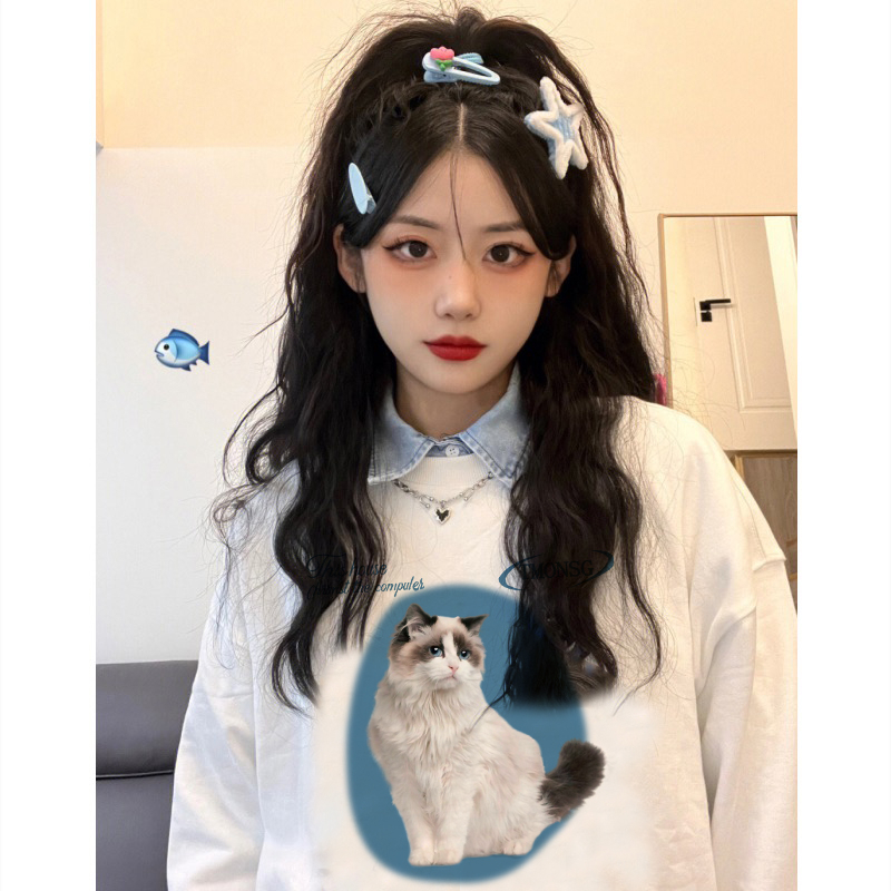 EUNII Sweater Lengan Panjang Cartoon Puppet Cat Printing Korean Style/Sweater Crop/Baju Wanita/Switer Wanita/Switer