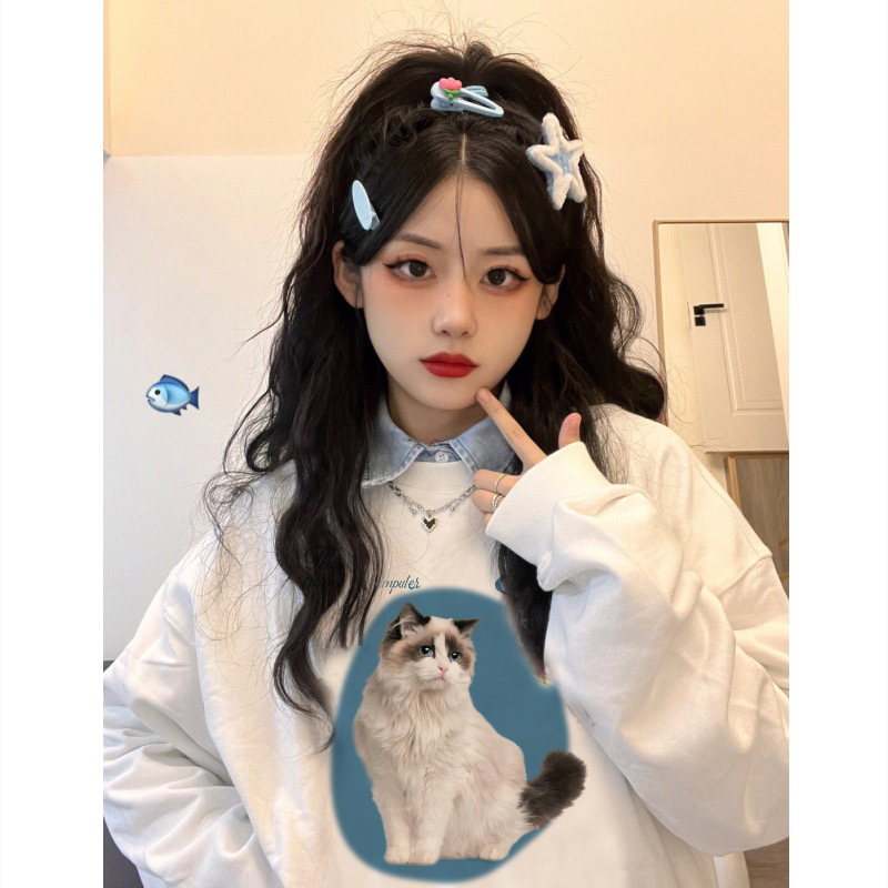 EUNII Sweater Lengan Panjang Cartoon Puppet Cat Printing Korean Style/Sweater Crop/Baju Wanita/Switer Wanita/Switer