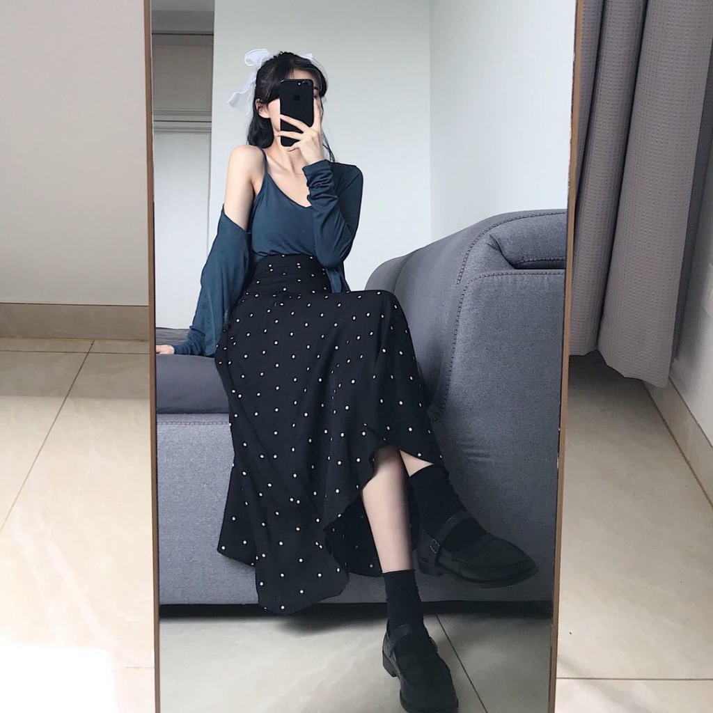 Hitam midi Pinggang Tinggi skirt Rok Putri Duyung Wanita Pola Polka Dot