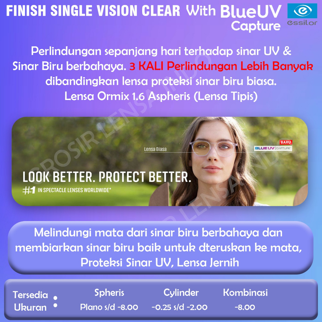 LENSA ESSILOR FSV BLUE UV CAPTURE ORMIX 1.6 CRIZAL SAPPHIRE UV