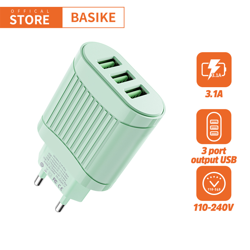 BASIKE Charger Adaptor Fast Charging iPhone oppo samsung xiaomi USB*3 15W iOS Android Universal-A106 hijau