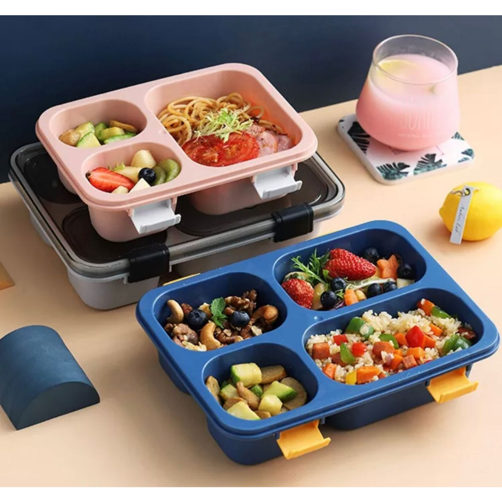 KOTAK MAKAN ANAK LUNCH BOX SET GRID SEKAT 3 &amp; 4 KOTAK BEKAL MAKAN ANTI TUMPAH - BDC