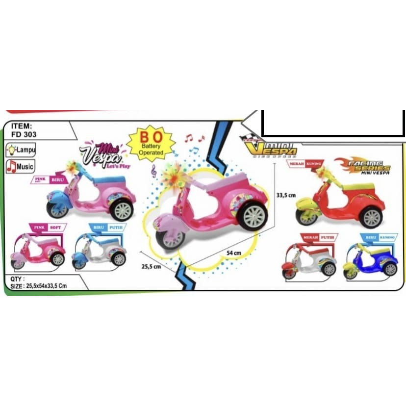 Mainan Motor Vespa Mini FD303 BO Musik Lampu SNI Terlaris