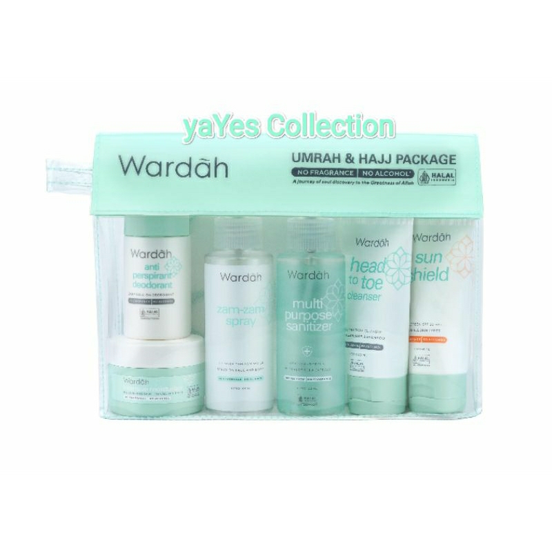 Wardah Paket Umroh &amp; Hajj Package Free booklet panduan haji dan umroh Tas Serut Zam zam Botol Cleanser Sabun Muka Deodoran Ketek UV shield Sunscreen Moisturizer Pelembab Wajah Sanitizer Set Kecantikan