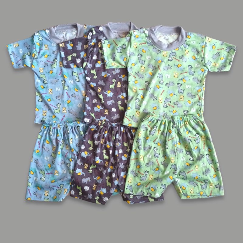 3 stel baju tidur bayi stelan tanggaan pendek oblong kancing pundak [printing] babyzoo