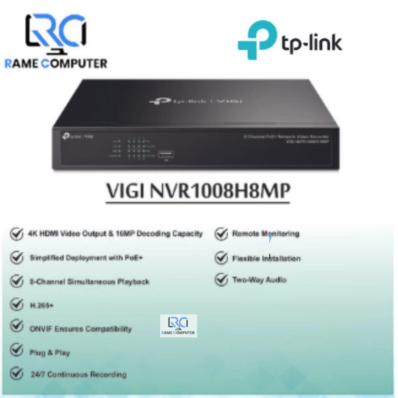 NVR TPLink VIGI NVR1008H-8MP 08 Channel Supports 1 Harddisk PoE+