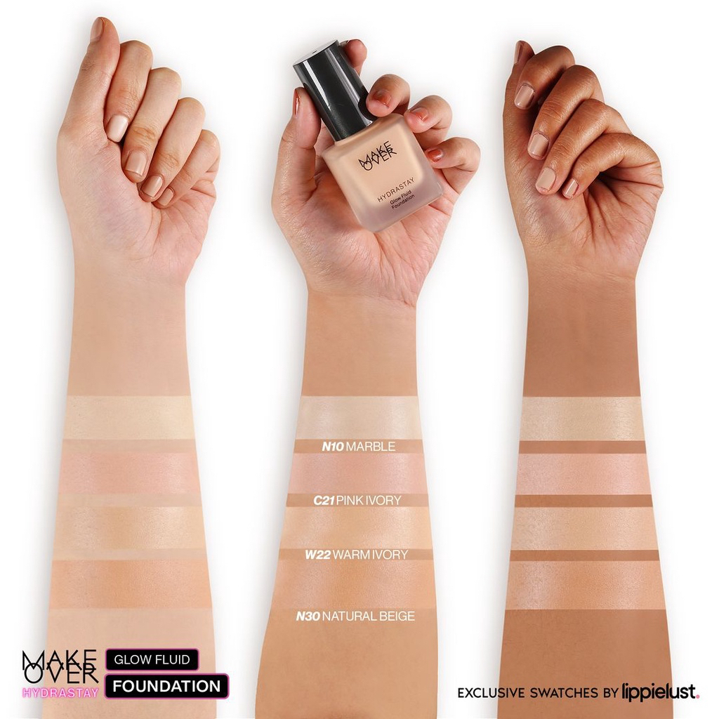 MAKE OVER Hydrastay Glow Fluid Foundation Indonesia / Liquid Foundation 35ml / 24 Hours Hydration Medium Buildable Coverage Water Light Texture / Designed For Dry Skin 24H Hydration Effect Smooth Glow Finish Cosmetic Series / Tint Blush Cushion Powder Lip