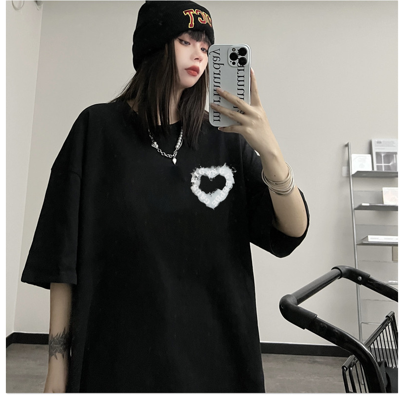 XIAOZHAINV Korean Style Kaos Atasan Wanita Smoke Heart Pattern Lengan Pendek A0910