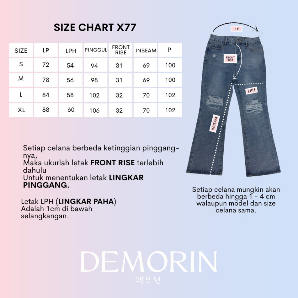 X77 Celana Panjang Wanita Flare Cutbray Non Stretch Tidak Melar Highwaist Ripped Jeans Blue Demorin