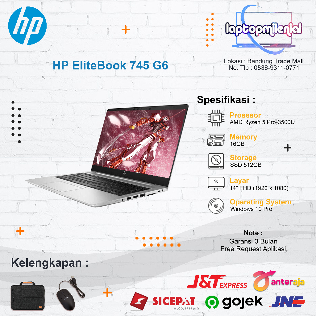 Laptop HP EliteBook 745 G6 Ryzen 5 Pro Ram 16GB SSD 512GB Radeon Vega 8 2GB 14&quot; FHD Win 10 Siap Pakai Berkualitas