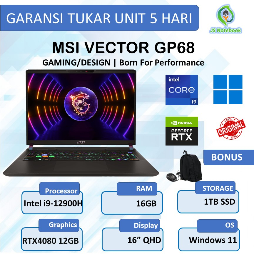 MSI VECTOR GP68HX 12V RTX4080 12GB i9-12900HX 16GB 1TB SSD WIN11 240Hz