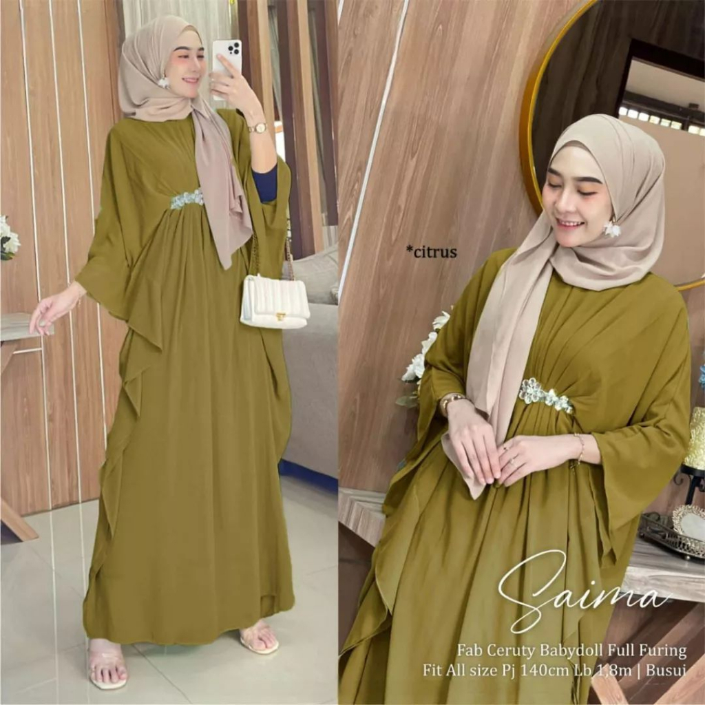 Baju Muslim Wanita/ Pakaian Wanita Saimah Kaftan Terbaru Maryam Mamanda Saleha Matt Ceruty Babydoll full furing Aplikasi Renda All Size fit M XL LD 120cm Kaftan Jumbo