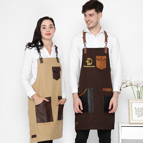 Apron Full Cotton &amp; pu kulit pocket Y strep synthetic leather Warna Khaki/Coffee