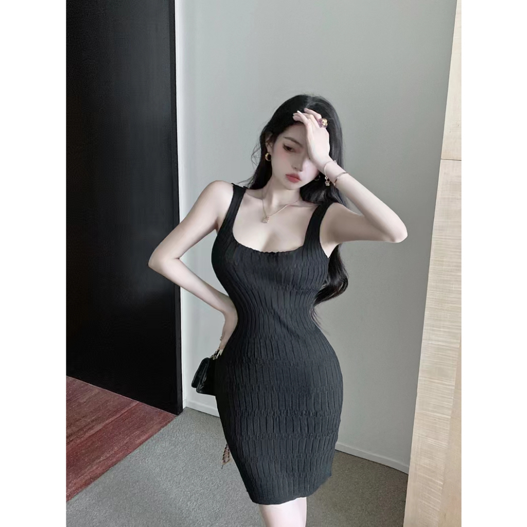 YIU YIU Rajut - Korea Bodycon Square Neck Mini Dress Wanita Sexy Knit Dress Long Sleeves