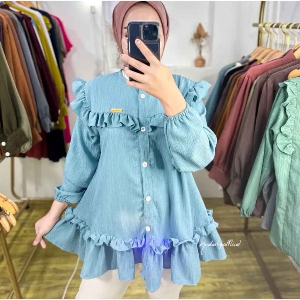 Ramdan Collection - Atasan Blouse Wanita Ruffle Lady Crush Premium Full Kancing Hidup Jumbo Ld 120 Atasan Wanita Korean Style Lengan Panjang