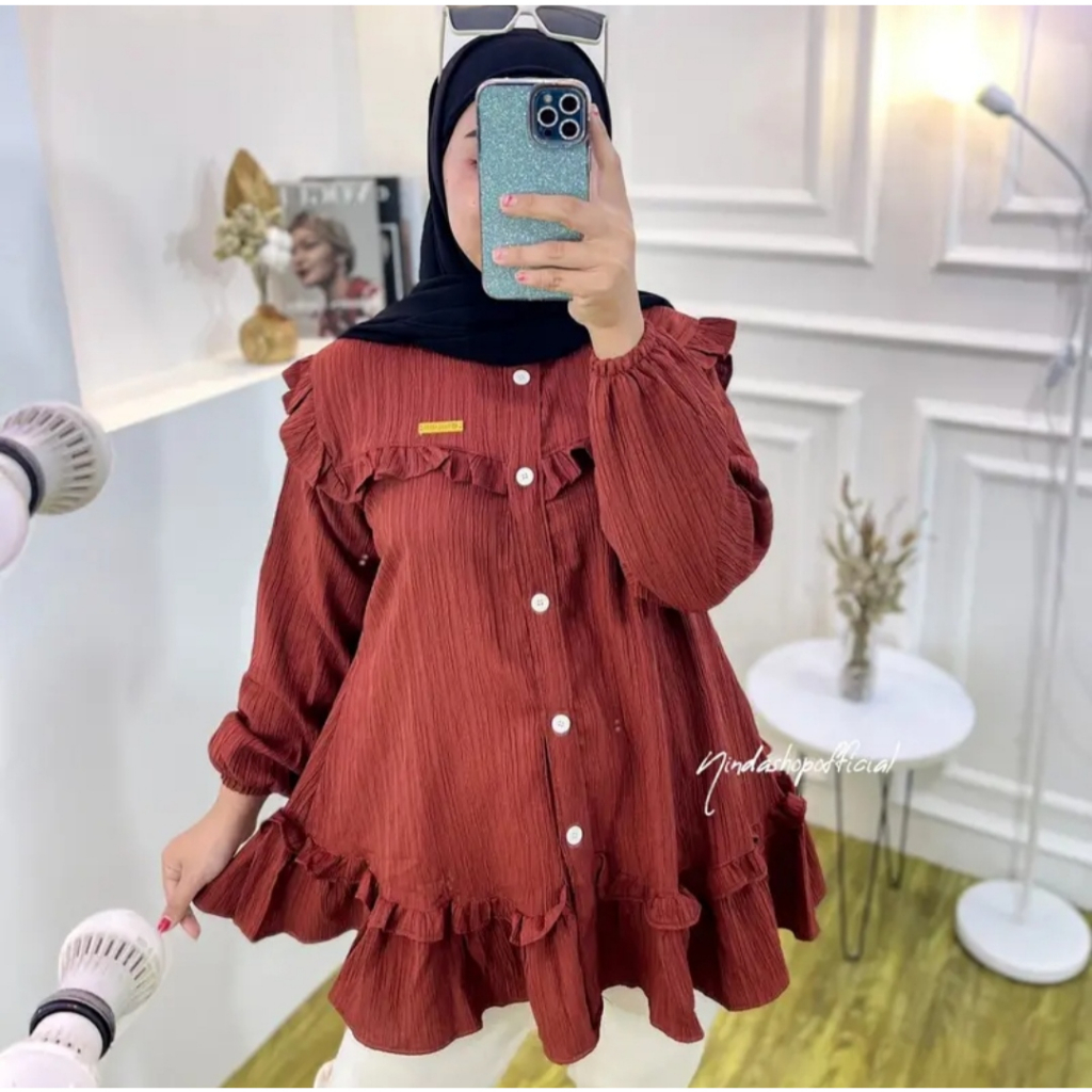 Ramdan Collection - Atasan Blouse Wanita Ruffle Lady Crush Premium Full Kancing Hidup Jumbo Ld 120 Atasan Wanita Korean Style Lengan Panjang