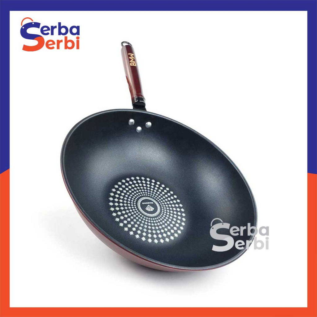 SerbaSerbi - Penggorengan Anti Lengket Wok Pan Gagang Kayu Wajan Tebal Stainless Steel Wajan Besar 3