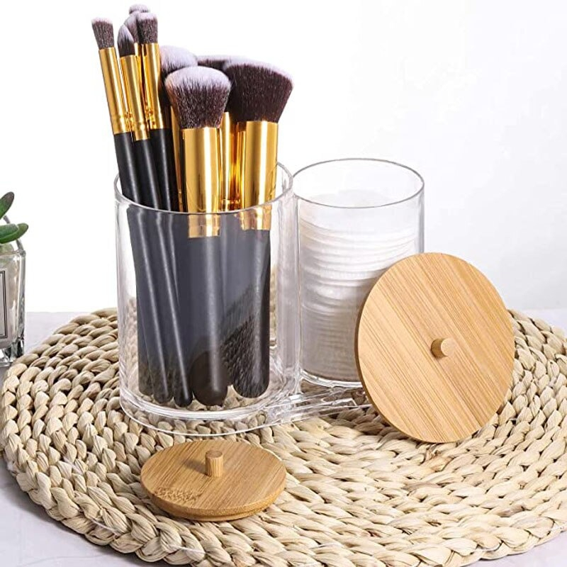 Rak Tempat Penyimpanan Cotton Bud Make Up Beauty Tools Acrylic Dispenser Kapas Wajah Lipstick Puff Storage Organizer AestheticMeja Rias Kotak Transparent with Bamboo Lid