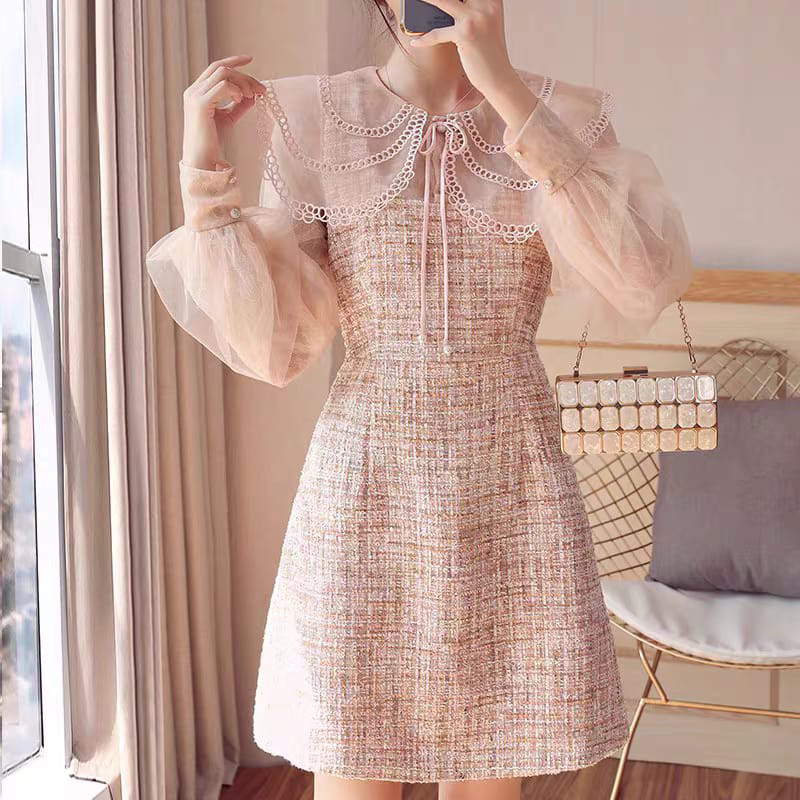 Spring And Autumn Style Ladies Luxury Collar Tweed Dress M478