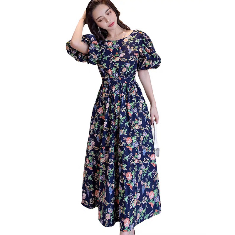 Floral Long Dress Fairy Lantern Slevees Navy M479