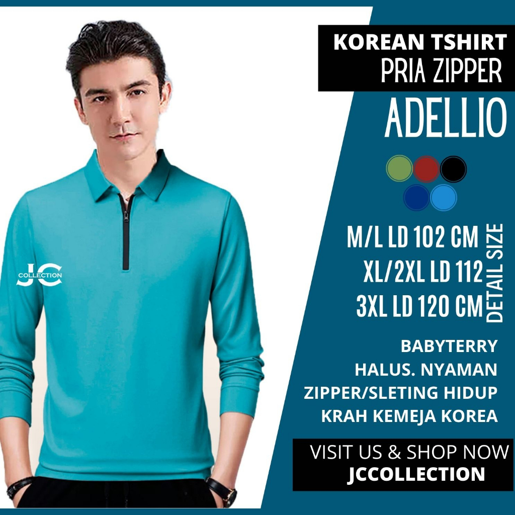 Kaos Pria kerah Lengan Panjang Pria Gaya Korea variasi seleting Adelliyo / Tshirt Kaos Pria Korea Style JCCollections