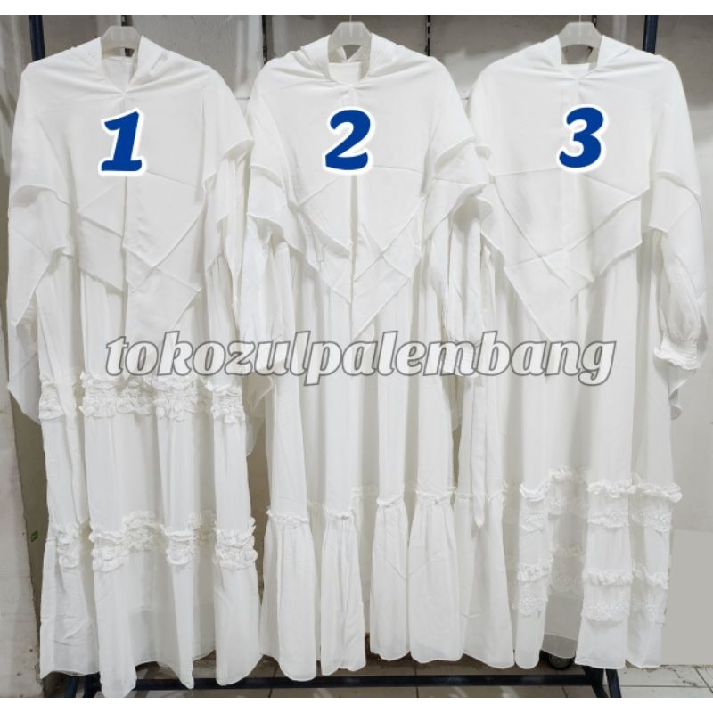 Gamis Syari set Jilbab Ceruty Putih BW Renda / Gamis Umroh Manasik Haji Busui Ceruti