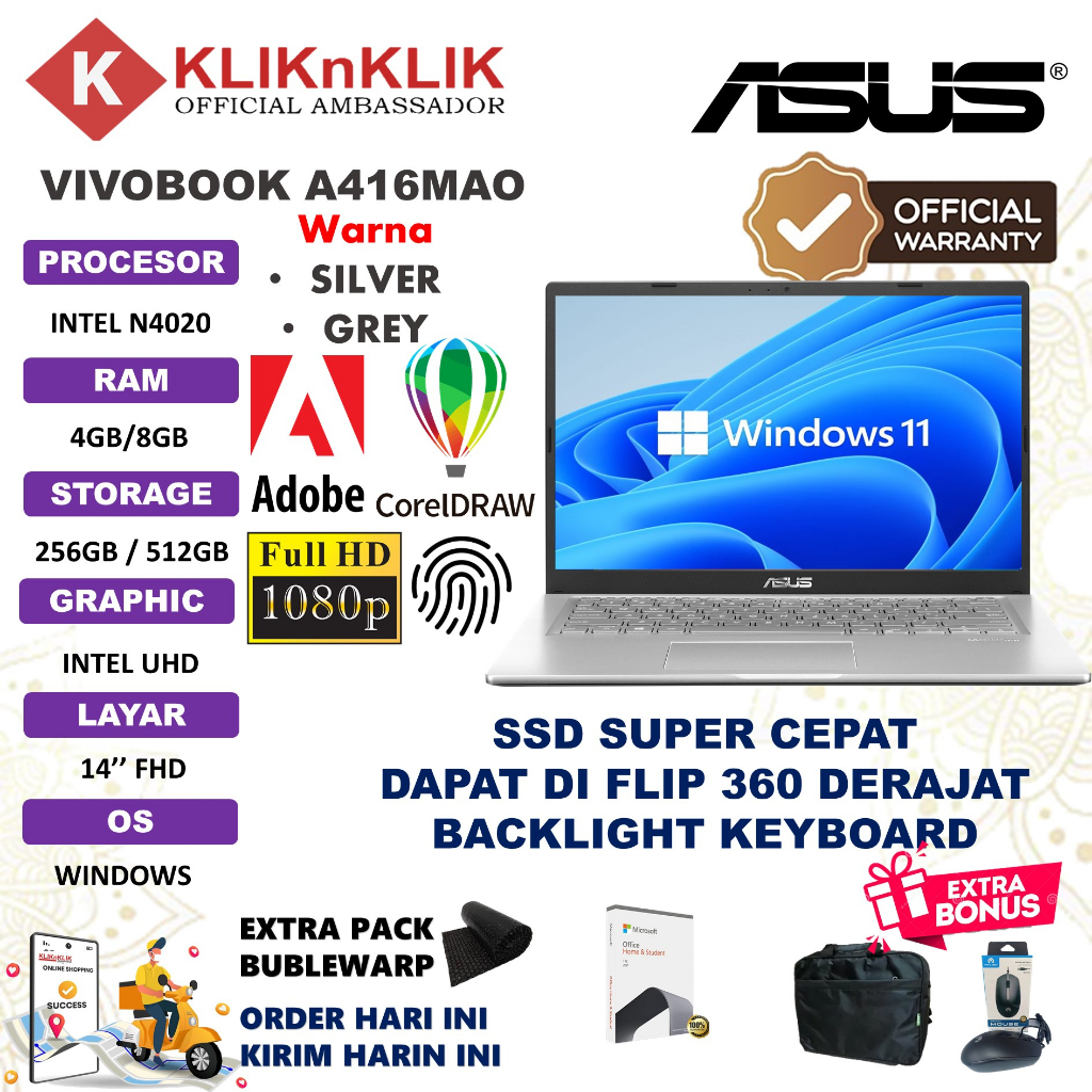 LAPTOP MURAH ASUS A416MAO 8GB 512GB INTEL N4020 14&quot; FHD WINDOW 11 + OHS