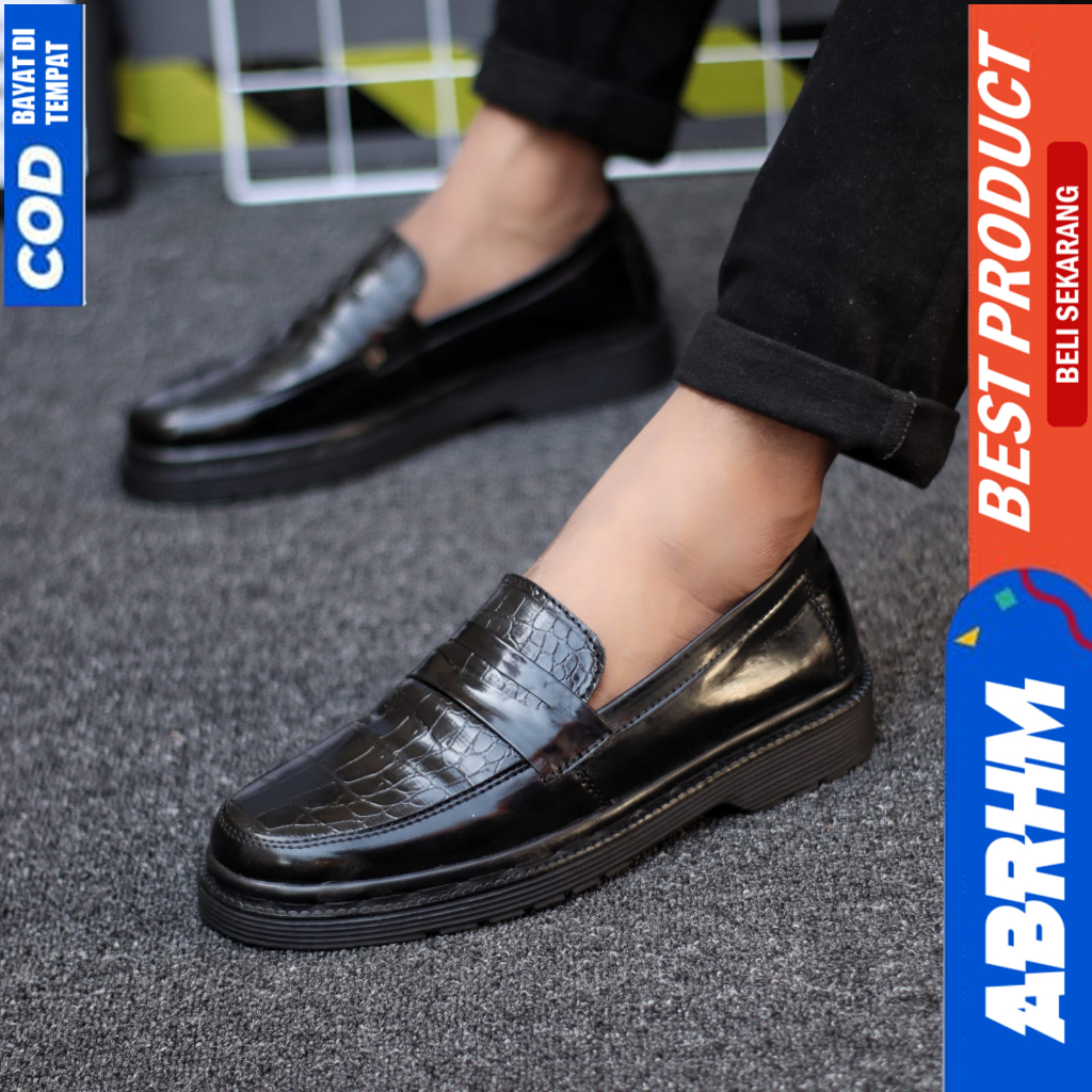 ABRHM Sepatu Loafers Docmart Formal Pantofel Kerja Hitam Pria