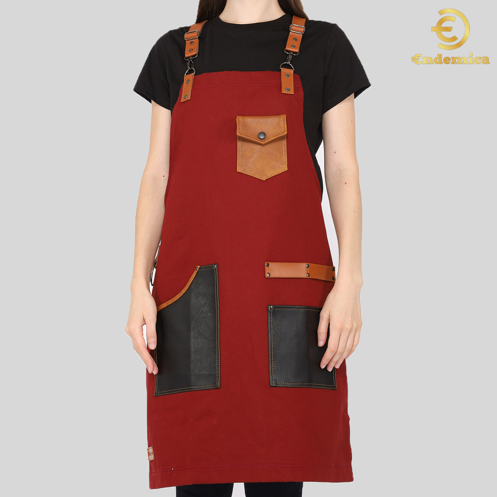 Apron Full Cotton &amp; pu kulit pocket Y strep synthetic leather Endemic