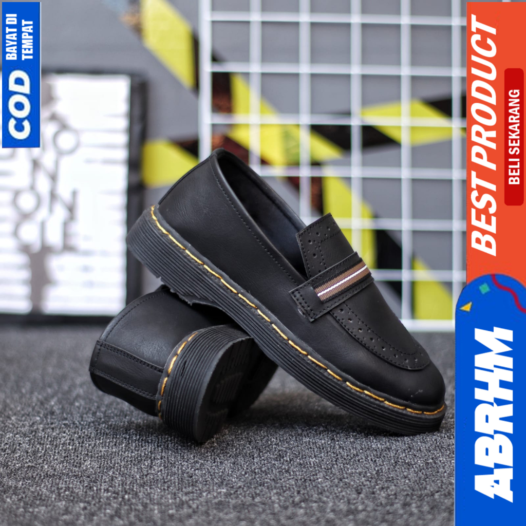 ABRHM Sepatu Loafers Formal Pantofel Docmart Kerja Hitam Pria