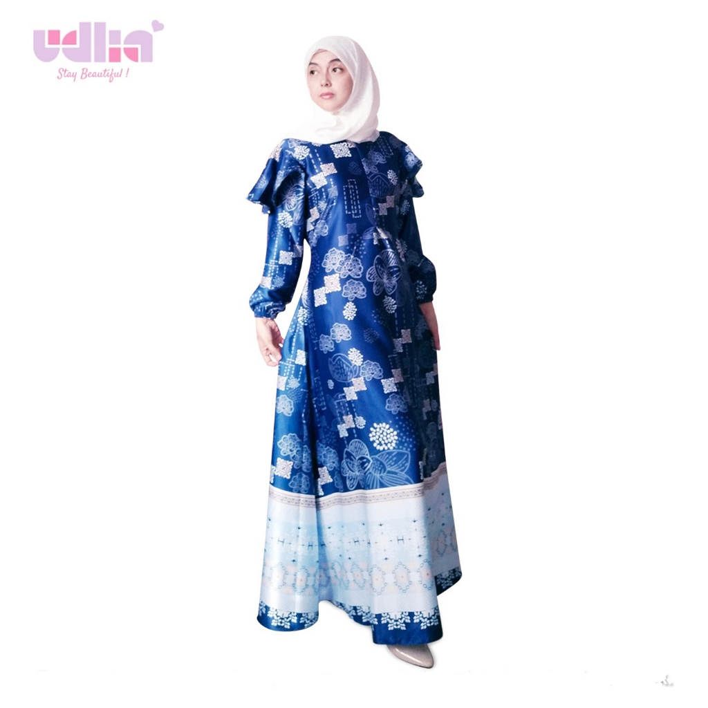 Udlia Gamis Wanita Kekinian Pesta Lebaran 2025 Silk Katya Navy