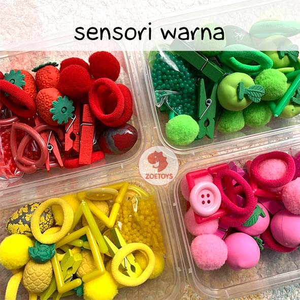 Zoetoys Sensori Warna | Sensory Bin Colored Red Yellow Green Pink | Paket Sorting Color Package Matching Warna Pompom Clothes Pin Waterbeads Kancing Penghapus Rantai Geo Kotak | Mainan Edukasi Anak