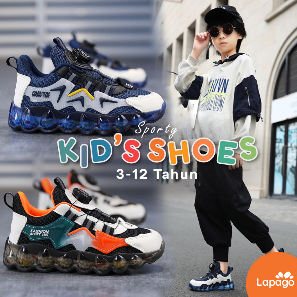 LAPAGO - Sepatu Sneaker Anak Laki Laki Perempuan Pengencang Otomatis Usia 3 - 12 Tahun Type MFT