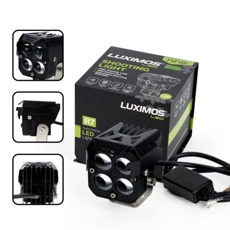 NINE LUXIMOS SHOOTING LIGHT R7 DEVIL EYE 4 MATA LED 58 WATT 2 WARNA PUTIH KUNING LAMPU SOROT MOTOR DAN MOBIL