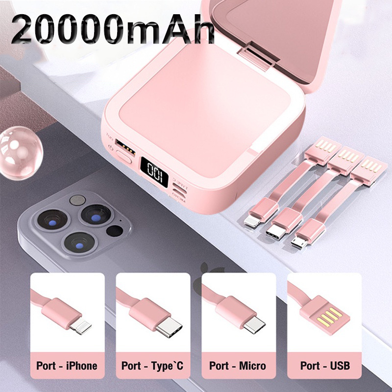 【COD &amp; stock】3 in 1 Powerbank Beauty Mirror 20000mAh Power Bank Pengisian Cepat dengan Cermin Lipat