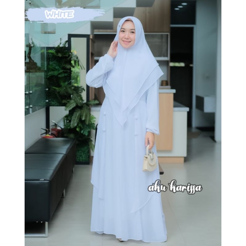 Gamis ceruty Nadifah dan Azeera babydoll set khimar ori aku karissa ready size xl xxl oversize lebaran series model keluaran terbaru