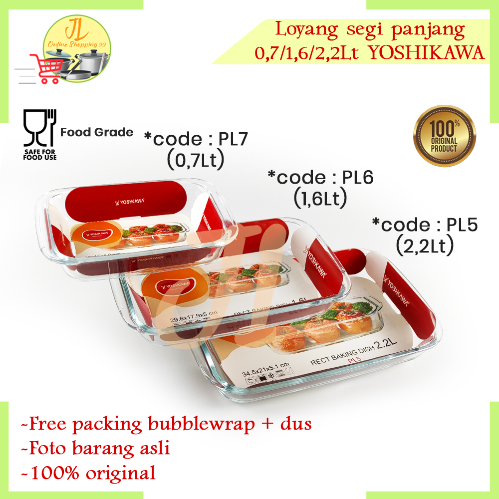 Loyang kaca saji segi panjang tahan panas YOSHIKAWA / wadah saji makanan prasmanan