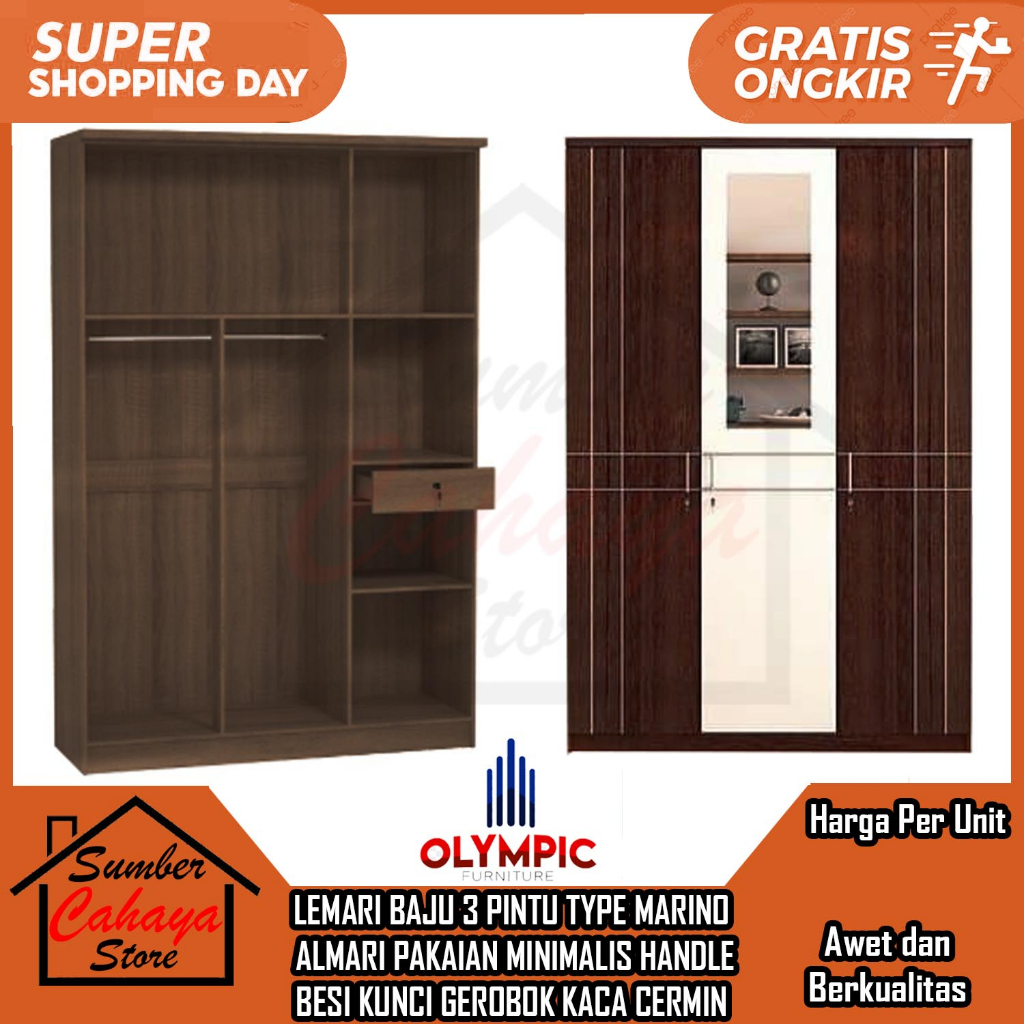 [Instan] LEMARI BAJU 3 PINTU TYPE MARINO ALMARI PAKAIAN MINIMALIS HANDLE BESI KUNCI GEROBOK KACA CER