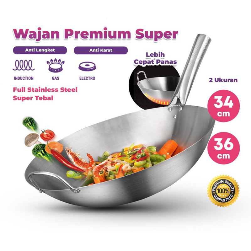 Wajan Goreng Dengan Gagang Stainless Steel Premium - Wok Pan Penggorengan Anti Lengket - Penggorengan Nasi Goreng Tebel Anti Panas