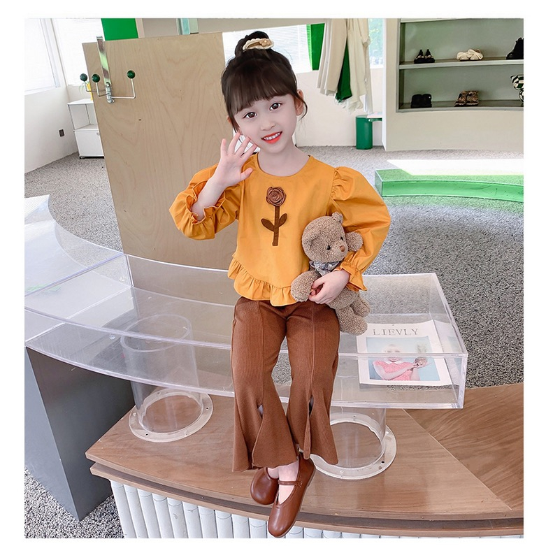 Setelan Anak Perempuan Import 3D Bunga Coklat Celana Cutbray