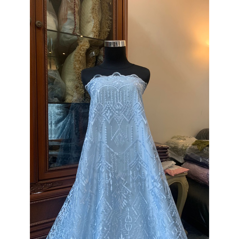 Kain Brukat Tulle Bahan Kebaya Bordir Etnik Madeline Warna Biru Ice Baby Blue