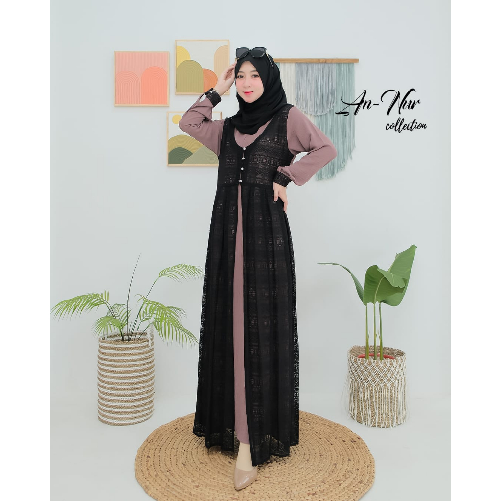 DRESS SAMIRA BY ANNUR COLLECTION GAMIS CRINGKLE MIX OUTER BRUKAT MALIKA TERBARU REMAJA KEKINIAN