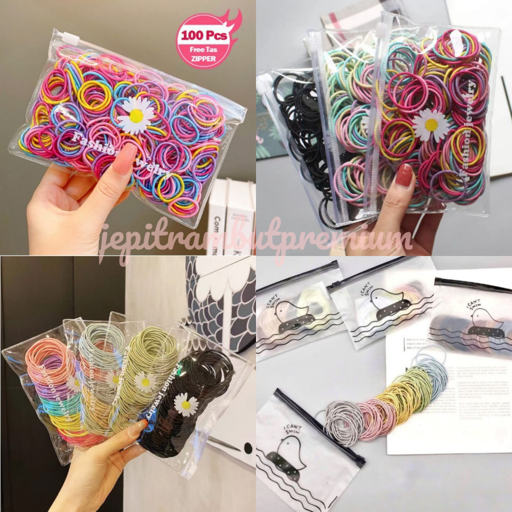 free pouch 100PCS ikat Karet Rambut Elastis Warna Polos Gaya Korea Kunciran Aksesoris Rambut Wanita Anak Dan Dewasa