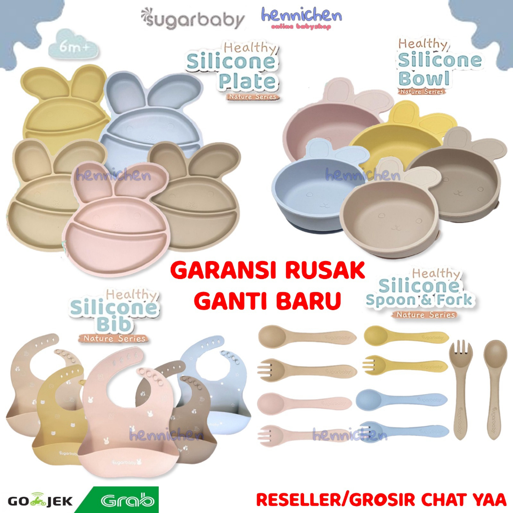 Sugar baby Perlengkapan MPASI Bayi Healthy Silicone Bowl Spoon &amp; Fork Silicone Bib Silicone Plate (Nature Series)